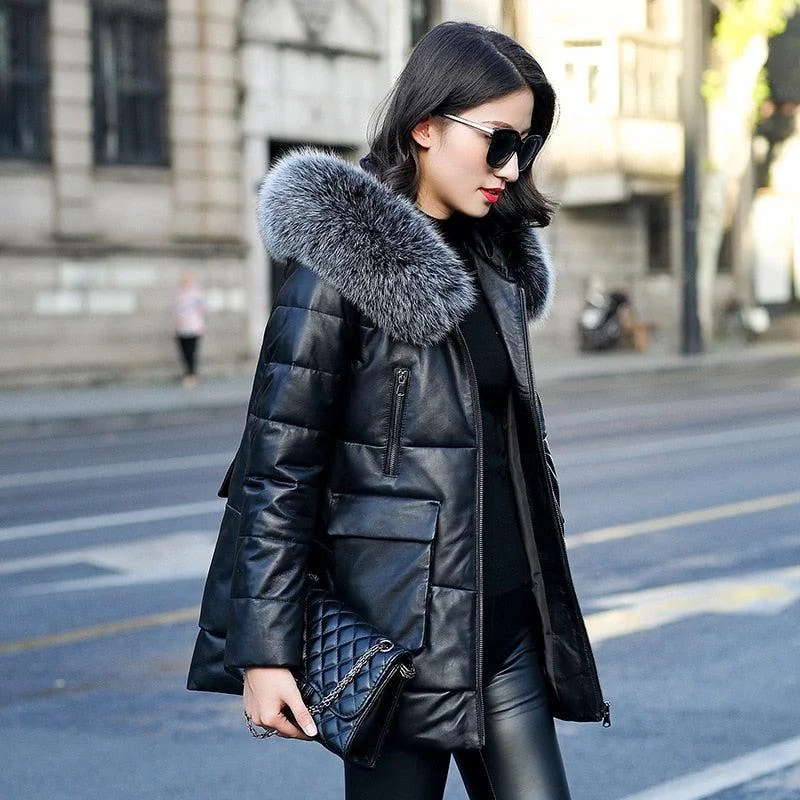 Genuine Leather Jacket Women Faux Fox Fur and Hooded Satin Jacket Silk Jacket Chiffon Jacket