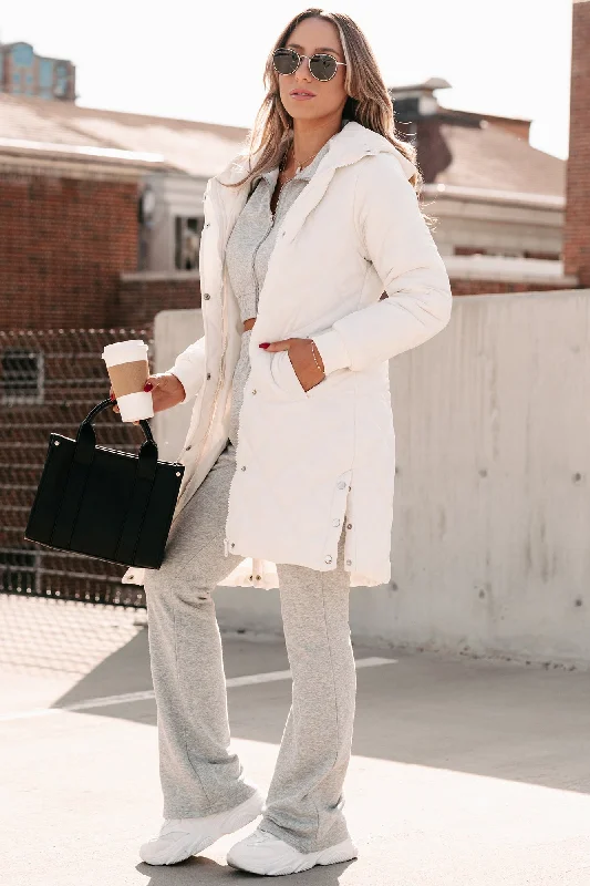 Headed For The Alps Quilted Puffer Jacket With Hood (Off White) Satin Fabric Silk Fabric Chiffon Fabric