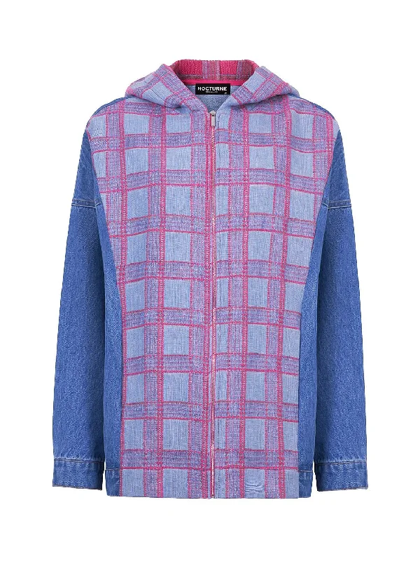 Hooded Plaid and Jean Jacket Chenille Fabric Brocade Fabric Lace Fabric