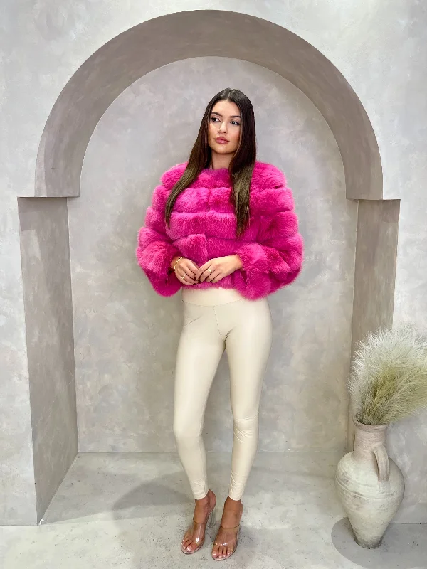 Hot Pink Premium Faux Fur Jacket Hoodie Zip-Up Jacket Button-Up Jacket