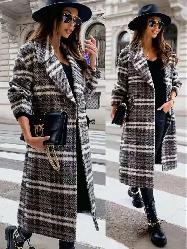 Lapel Thick Loose Plaid Woolen Coat Jacket A-Line Jacket Boat Neck Shawl Collar