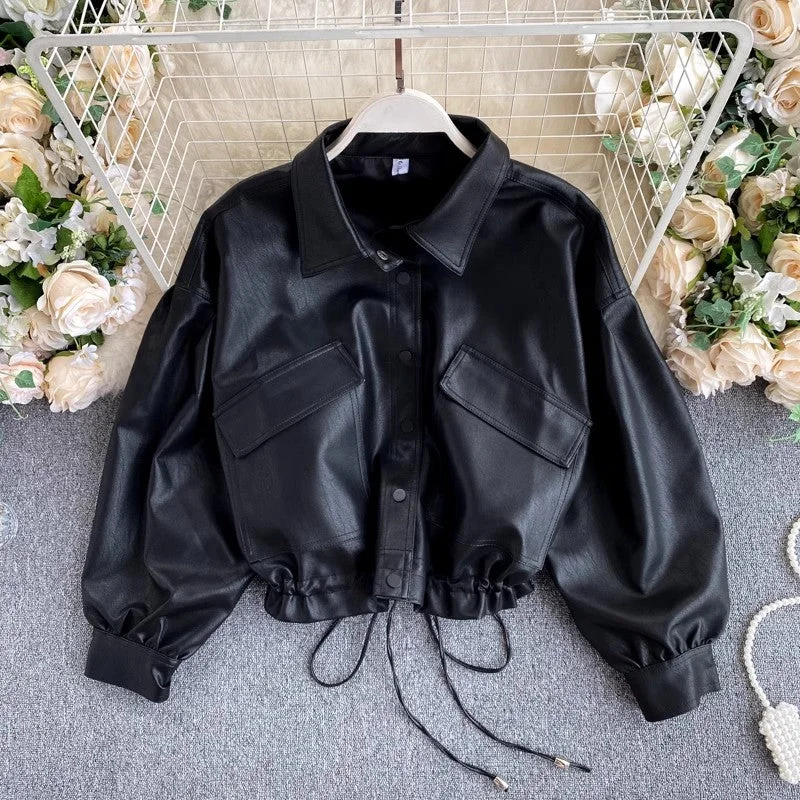 leather jacket women's retro big pocket short jacket     S4567 Jacket Blazer Coat