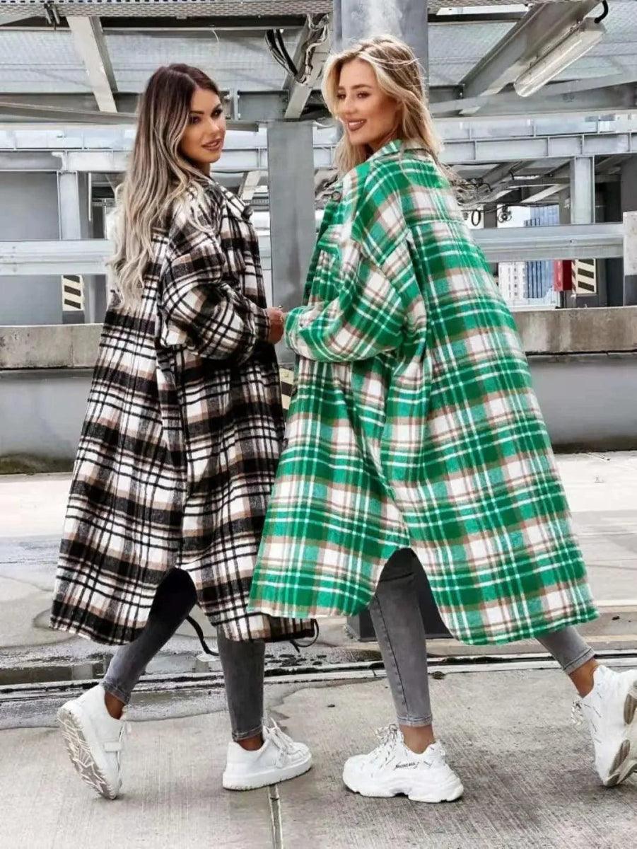 Long Plaid Single-Breasted Lapel Shirt Jacket Knit Fabric Woven Fabric Fleece Fabric