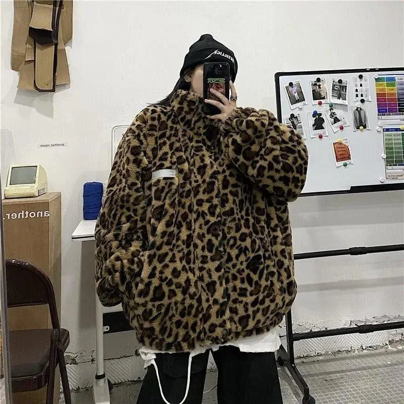 Loose Leopard Print Double-sided Trendy Reflective Jacket Boat Neck Shawl Collar Notched Collar