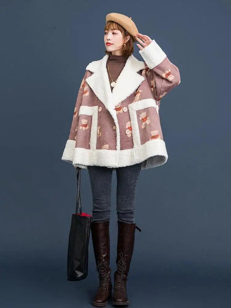 Bear print suede jacket Zip Front Button Front Snap Front