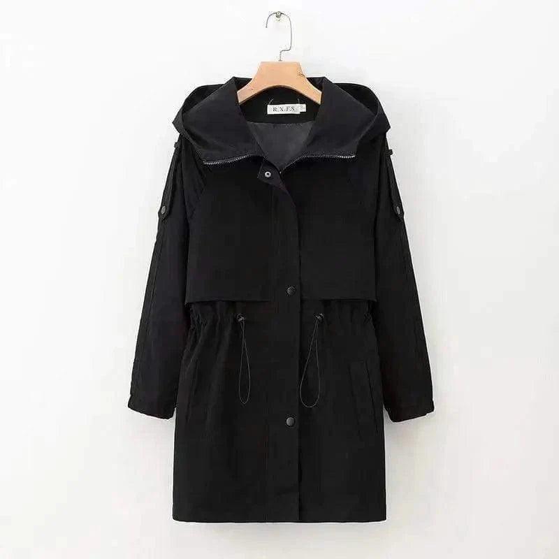 Chic Hooded Jacket with Drawstring Waist - Stylish & Versatile in Black, Apricot, White Stand-Up Collar Roll-Neck Collar Turtle Neck Chic Hooded Jacket with Drawstring Waist - Stylish & Versatile in Black, Apricot, White Stand-Up Collar Roll-Neck Collar Turtle Neck