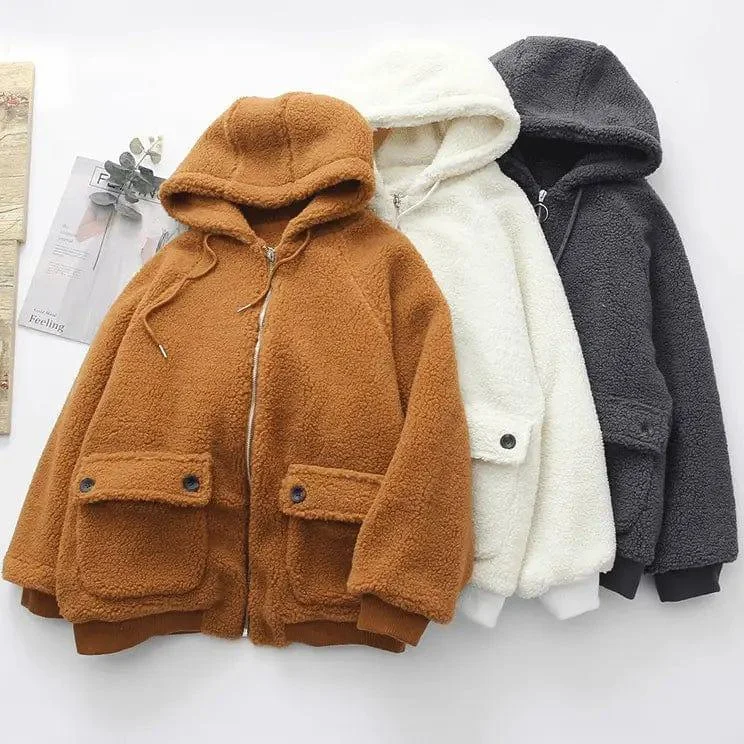 Loose Hooded Warm Lamb Fur Jacket Welt Pockets Slit Pockets Flap Pockets