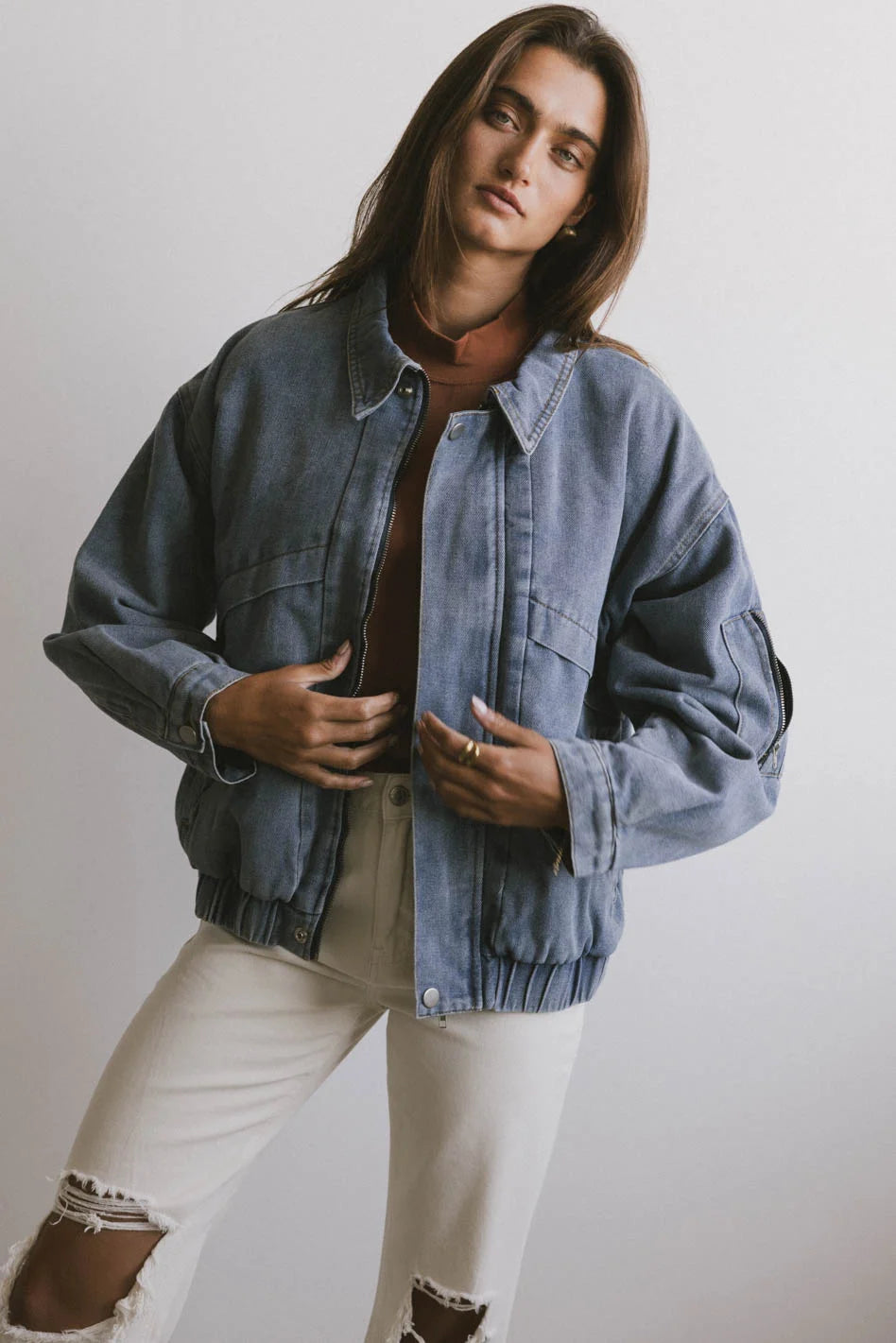 Maeve Denim Bomber Jacket Oversized Jacket Tailored Jacket Straight Jacket