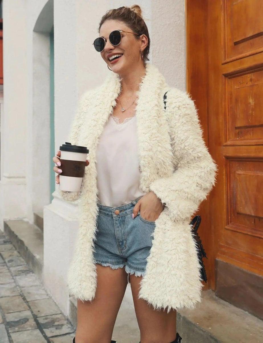 Mid-length faux fur fur long-sleeved jacket Stand-Up Collar Roll-Neck Collar Turtle Neck