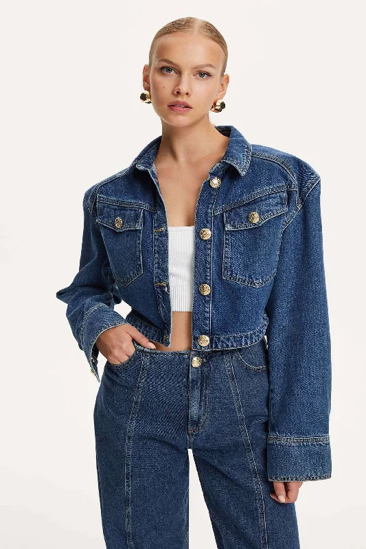 Military Buttoned Crop Denim Jacket A-Line Jacket Boat Neck Shawl Collar