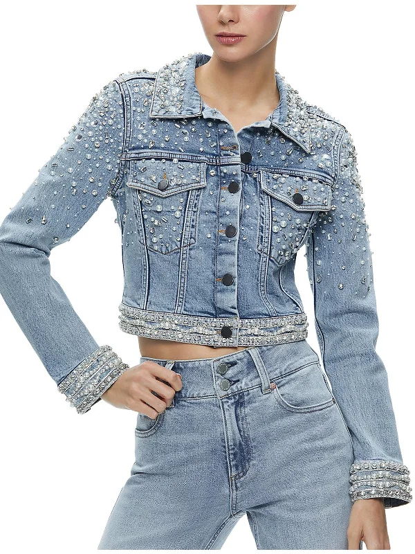 Nelson Womens Embellished Cropped Denim Jacket Cardigan Sweater Pullover