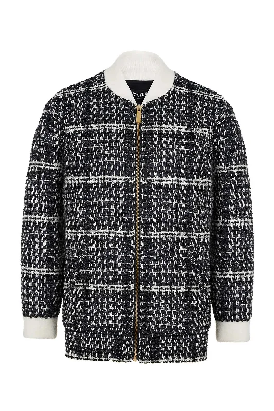 Oversized Tweed Bomber Jacket Welt Pockets Slit Pockets Flap Pockets