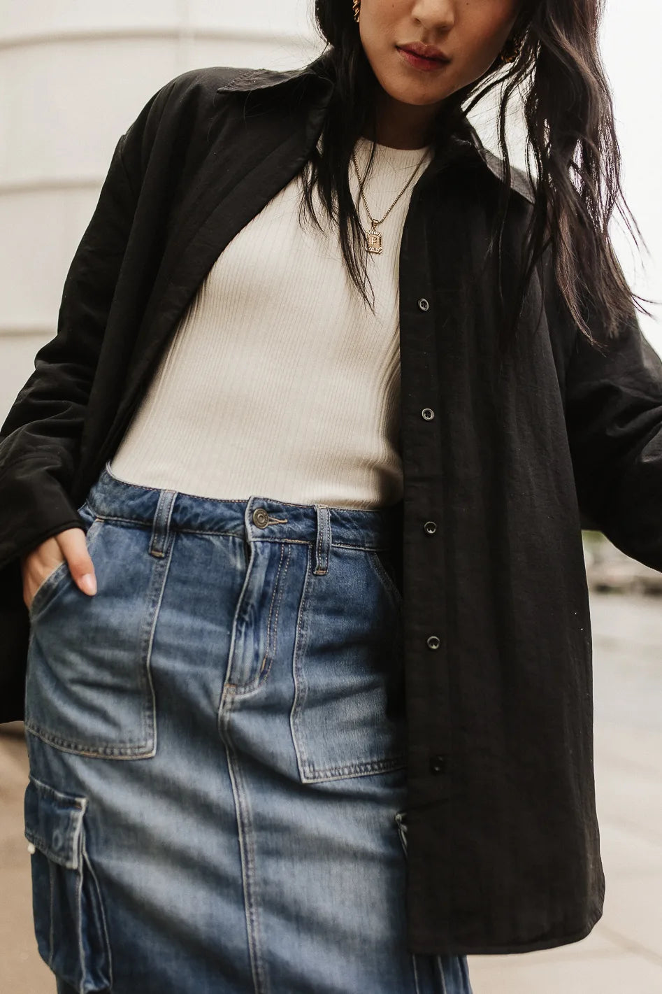 Parker Oversized Jacket in Black Zippered Front Buttoned Front Snap Front