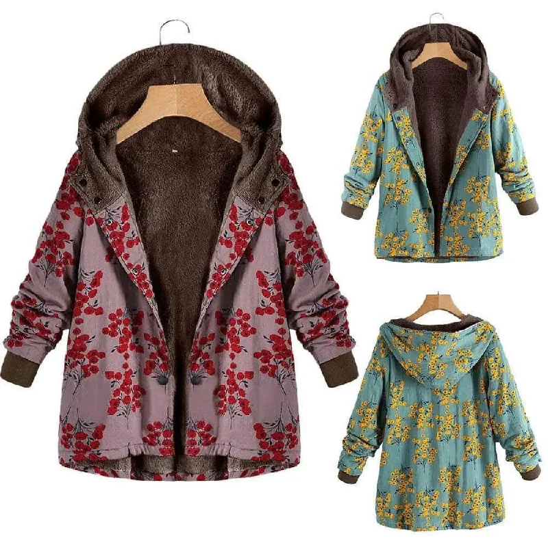 Retro flower print plus size hooded jacket top Wool Fabric Cashmere Fabric Tweed Fabric