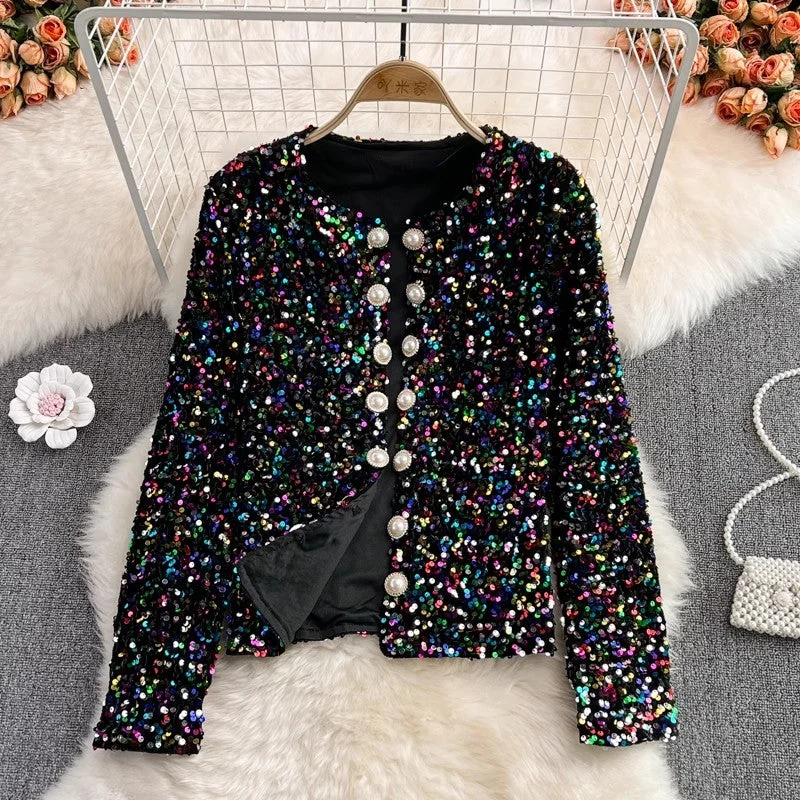 shiny sequins colorful long-sleeved cardigan suit short jacket women's clothing S4205 Zip Front Button Front Snap Front shiny sequins colorful long-sleeved cardigan suit short jacket women's clothing S4205 Zip Front Button Front Snap Front