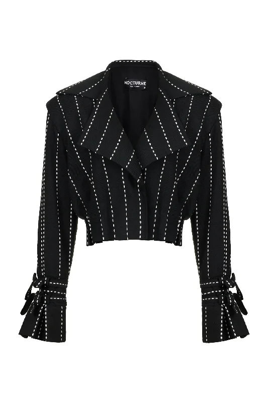 Shoulder Pad Pintucked Crop Jacket Zippered Front Buttoned Front Snap Front