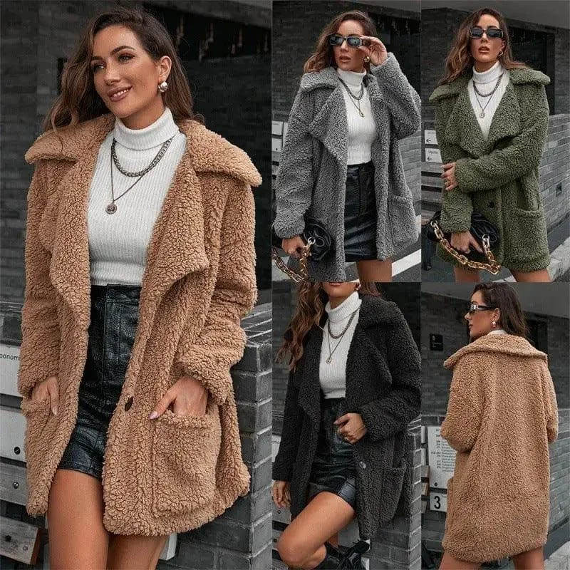 Single Breasted Bubble Fleece Jacket Loose Lapel Lamb Fleece Oversized Jacket Tailored Jacket Straight Jacket