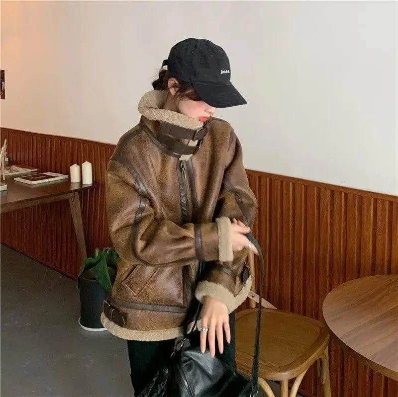 Thicken Motorcycle Leather Jacket Resurrected Korean Style Knit Jacket Woven Jacket Fleece Jacket