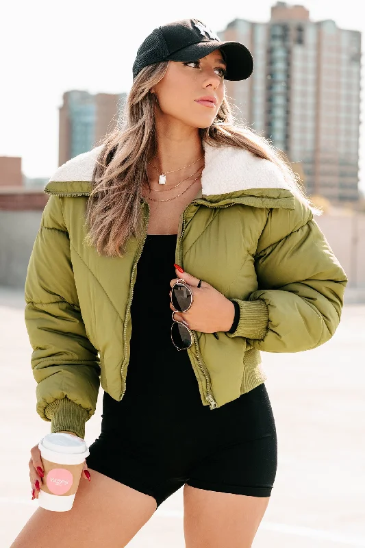 Up To Snow Good Quilted Puff Jacket (Olive) Snapped Jacket Toggled Jacket Drawstring Jacket