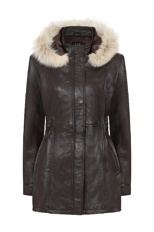 Women's Detachable Fur Trimmed Hood Brown Real Leather Jacket Coat - 'BARBARA' Cardigan Sweater Pullover