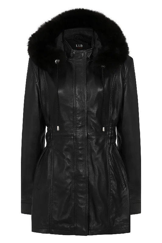 Women's Detachable Fur Trimmed Hood Black Real Leather Jacket Coat - 'BARBARA' Wool Jacket Cashmere Jacket Tweed Jacket