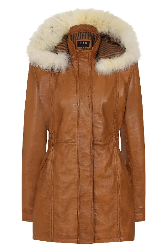 Women's Detachable Fur Trimmed Hood Tan Leather Jacket Coat - 'BARBARA' Faux Fur Jacket Real Fur Jacket Shearling Jacket
