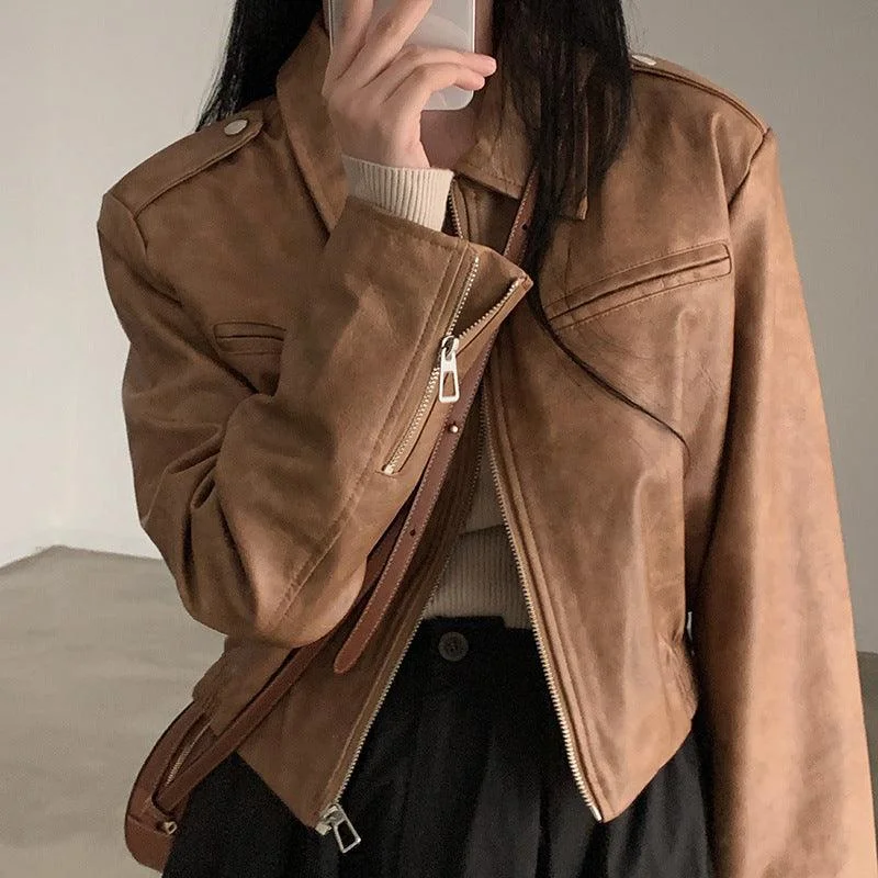 Women's Retro Hong Kong Style Lapel Long-sleeved Leather Jacket Front Pockets Side Pockets Patch Pockets