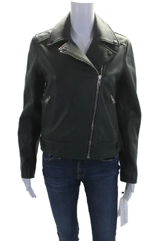 Yves Salomon Womens Leather 2 Pocket Collared Zip Up Jacket Green Collared Jacket Crew Neck Jacket Turtle Neck Jacket