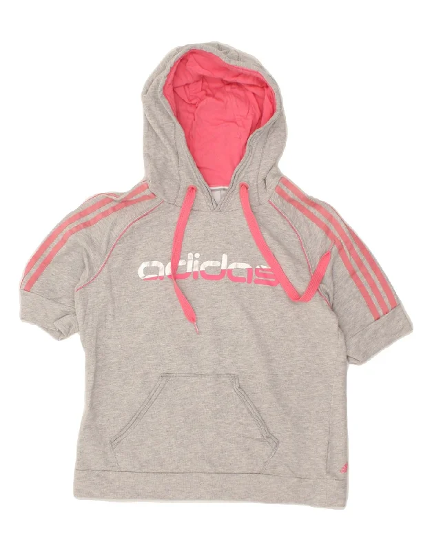 ADIDAS Womens Graphic Short Sleeve Hoodie Jumper UK 14 Large  Grey Cotton Hoodie with Magnetic Closure Innovative Modern