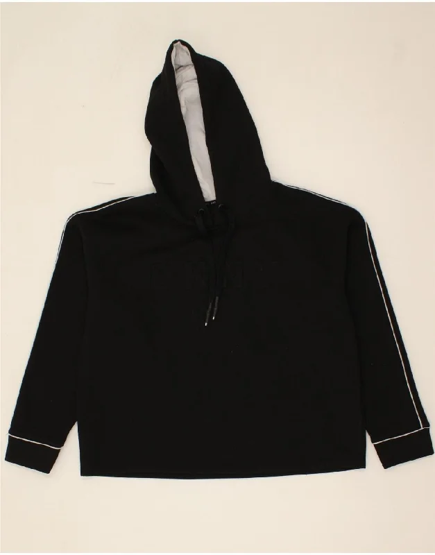 DKNY Womens Graphic Hoodie Jumper UK 16 Large Black Cotton Hoodie with High-Low Hem Asymmetrical Trendy DKNY Womens Graphic Hoodie Jumper UK 16 Large Black Cotton Hoodie with High-Low Hem Asymmetrical Trendy