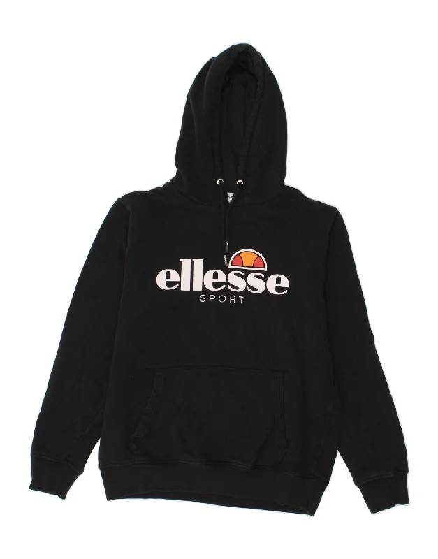ELLESSE Womens Graphic Hoodie Jumper UK 16 Large Black Cotton Hoodie with Set-In Sleeves Structured Classic ELLESSE Womens Graphic Hoodie Jumper UK 16 Large Black Cotton Hoodie with Set-In Sleeves Structured Classic