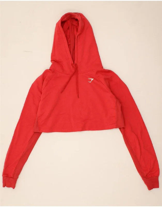 GYMSHARK Womens Oversized Crop Hoodie Jumper UK 10 Small Red Cotton Hoodie with Metallic Shiny Futuristic