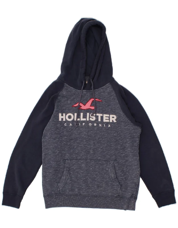 HOLLISTER Mens Graphic Hoodie Jumper Small Navy Blue Colourblock Cotton Hoodie with High Neck Warm Protective HOLLISTER Mens Graphic Hoodie Jumper Small Navy Blue Colourblock Cotton Hoodie with High Neck Warm Protective