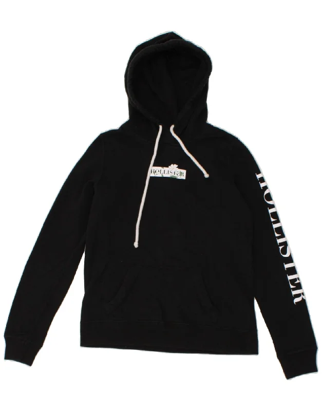 HOLLISTER Womens Graphic Hoodie Jumper UK 10 Small Black Cotton Hoodie with Hood Adjustable Protection HOLLISTER Womens Graphic Hoodie Jumper UK 10 Small Black Cotton Hoodie with Hood Adjustable Protection