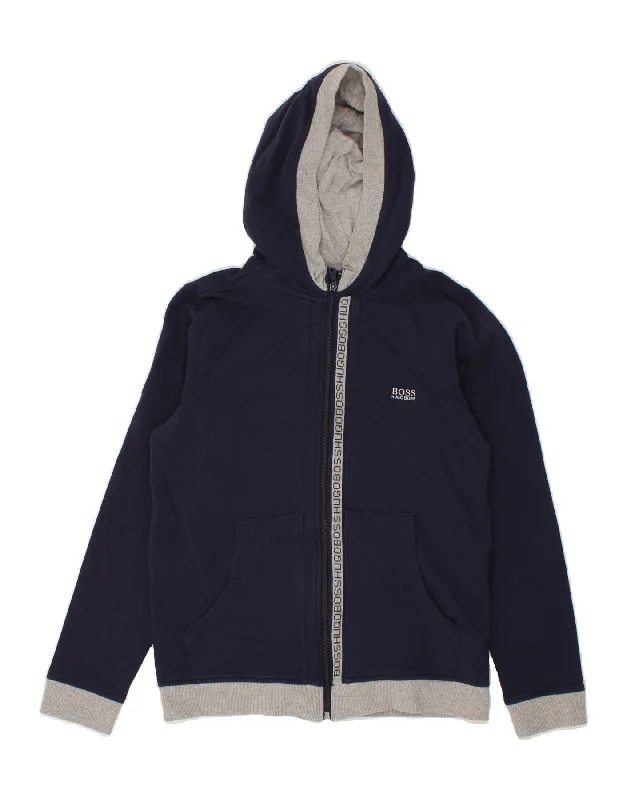 HUGO BOSS Boys Graphic Zip Hoodie Sweater 13-14 Years Small Navy Blue Hoodie with Hem Frayed Vintage Worn HUGO BOSS Boys Graphic Zip Hoodie Sweater 13-14 Years Small Navy Blue Hoodie with Hem Frayed Vintage Worn