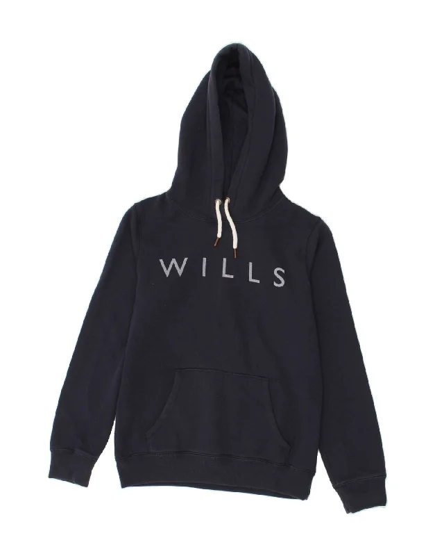JACK WILLS Womens Graphic Hoodie Jumper UK 10 Small Navy Blue Cotton Hoodie with Bell Sleeves Flared Feminine
