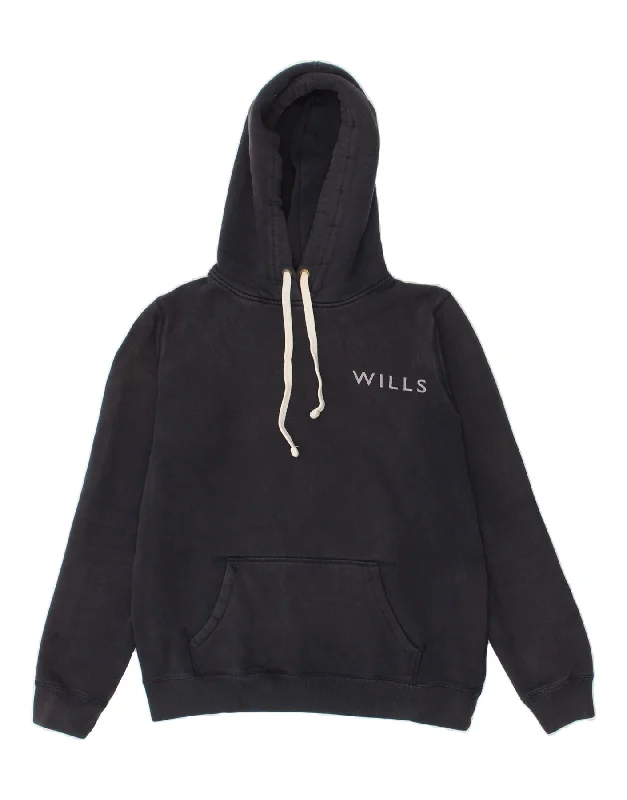JACK WILLS Womens Graphic Hoodie Jumper UK 12 Medium  Navy Blue Cotton Hoodie with Puffed Sleeves Voluminous Trendy