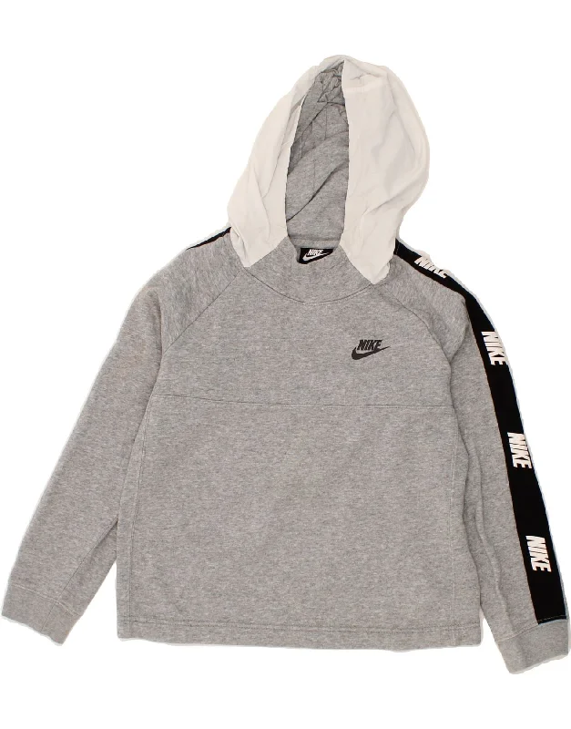 NIKE Boys Graphic Hoodie Jumper 10-11 Years Medium Grey Colourblock Hoodie with Hem Embroidery Detailed Premium NIKE Boys Graphic Hoodie Jumper 10-11 Years Medium Grey Colourblock Hoodie with Hem Embroidery Detailed Premium