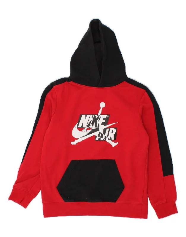 NIKE Boys Graphic Hoodie Jumper 13-14 Years XL Red Colourblock Cotton Hoodie with Hem Raw Edge Edgy Unfinished