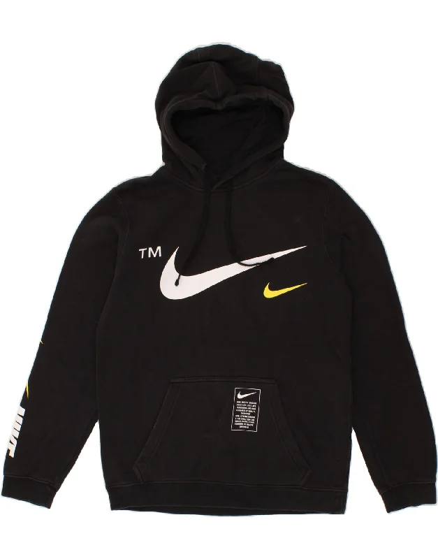 NIKE Mens Graphic Hoodie Jumper Small Black Cotton Hoodie with Hem Embroidery Detailed Premium NIKE Mens Graphic Hoodie Jumper Small Black Cotton Hoodie with Hem Embroidery Detailed Premium