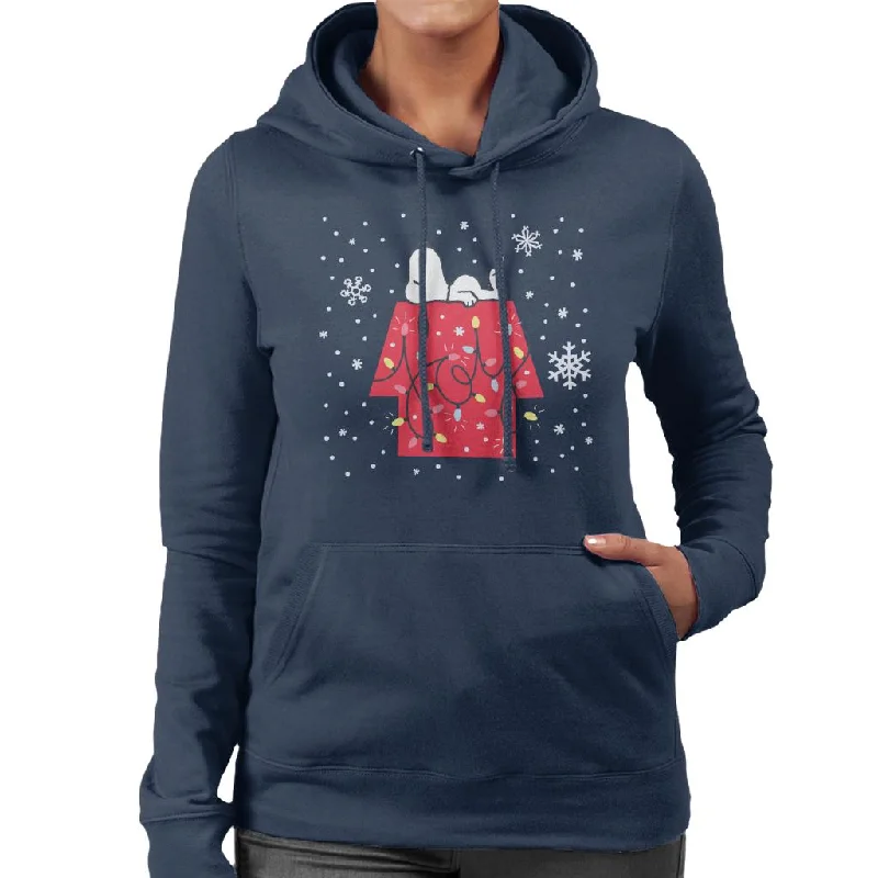 Peanuts Christmas Snoopy Lying Down Snowflakes Women's Hooded Sweatshirt Hoodie with Exposed Zipper Edgy Industrial