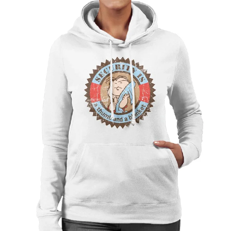 Peanuts Linus Van Pelt Security Is A Thumb And Blanket Women's Hooded Sweatshirt Hoodie with Full-Zip Functional Layering Peanuts Linus Van Pelt Security Is A Thumb And Blanket Women's Hooded Sweatshirt Hoodie with Full-Zip Functional Layering