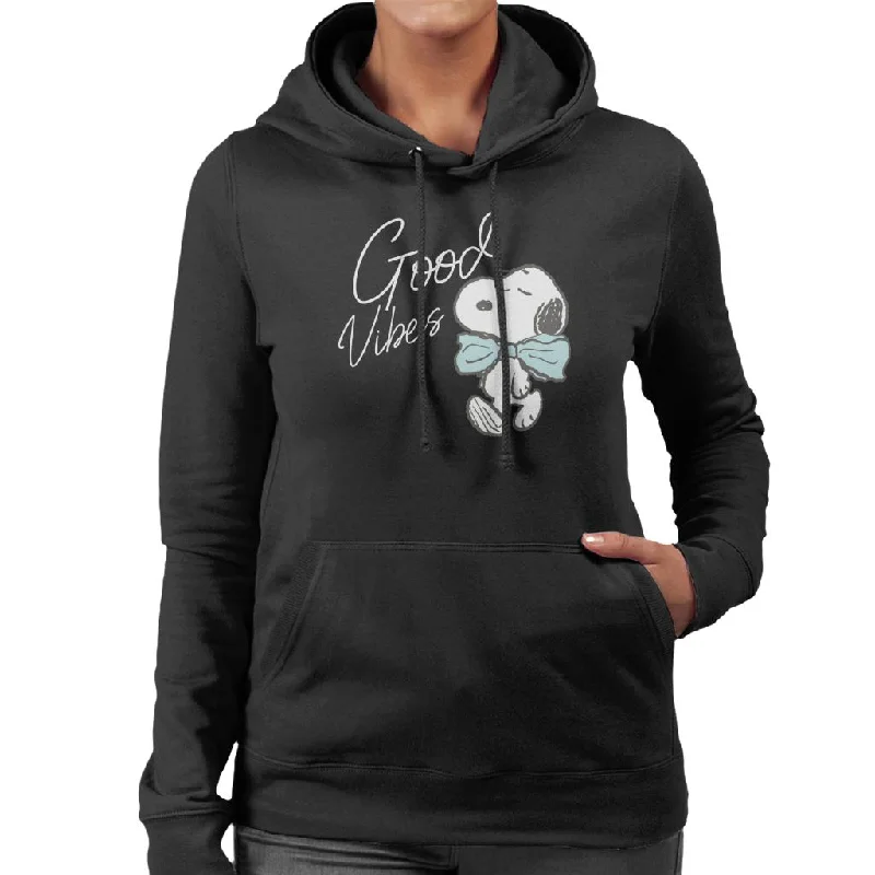Peanuts Snoopy Blue Bow Tie Good Vibes Women's Hooded Sweatshirt Hoodie with Emblem Brand Identity Peanuts Snoopy Blue Bow Tie Good Vibes Women's Hooded Sweatshirt Hoodie with Emblem Brand Identity