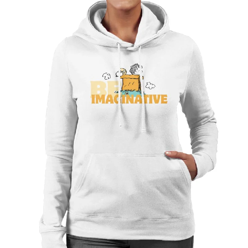 Peanuts Snoopy Charlie Brown Be Imaginative Women's Hooded Sweatshirt Hoodie with Raw Hem Edgy Unfinished Peanuts Snoopy Charlie Brown Be Imaginative Women's Hooded Sweatshirt Hoodie with Raw Hem Edgy Unfinished