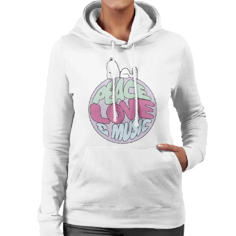 Peanuts Snoopy Peace Love And Music Women's Hooded Sweatshirt Hoodie with Hem Elastic Stretchable Comfortable Peanuts Snoopy Peace Love And Music Women's Hooded Sweatshirt Hoodie with Hem Elastic Stretchable Comfortable