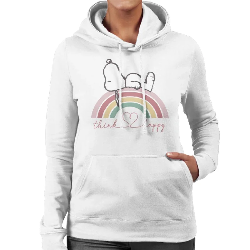 Peanuts Snoopy Rainbow Think Happy Women's Hooded Sweatshirt Hoodie with Belted Waist Structured Tailored Peanuts Snoopy Rainbow Think Happy Women's Hooded Sweatshirt Hoodie with Belted Waist Structured Tailored