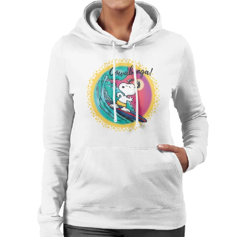 Peanuts Snoopy Surfing Cowabunga Women's Hooded Sweatshirt Hoodie with Hem Applique Textured Unique Peanuts Snoopy Surfing Cowabunga Women's Hooded Sweatshirt Hoodie with Hem Applique Textured Unique