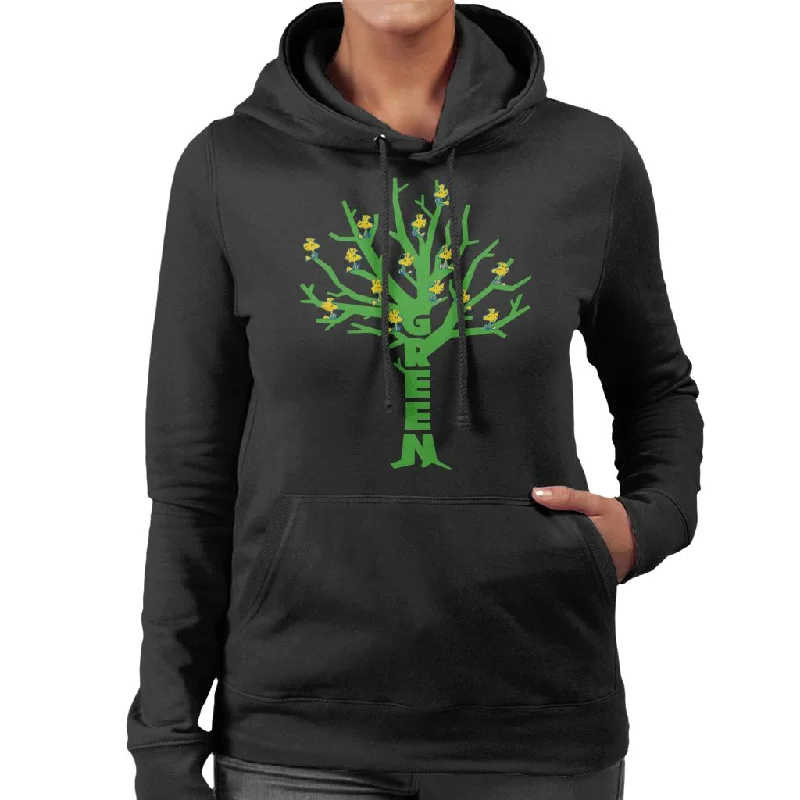 Peanuts Woodstock Green Tree Women's Hooded Sweatshirt Hoodie with Strings Custom Fit Adjustable Peanuts Woodstock Green Tree Women's Hooded Sweatshirt Hoodie with Strings Custom Fit Adjustable