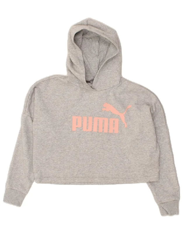 PUMA Girls Crop Graphic Hoodie Jumper 11-12 Years Grey Cotton Hoodie with Thumb Holes Functional Cozy