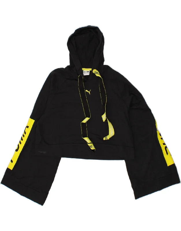 PUMA Womens Oversized Crop Graphic Hoodie Jumper UK 10 Small Black Hoodie with Typography Text Message PUMA Womens Oversized Crop Graphic Hoodie Jumper UK 10 Small Black Hoodie with Typography Text Message